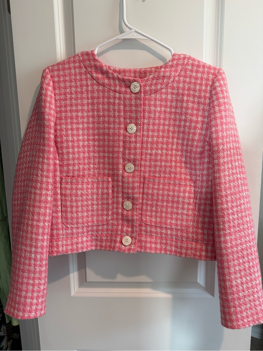 J. Crew Pink and White Cropped Houndstooth Tweed Jacket and skirt suit set